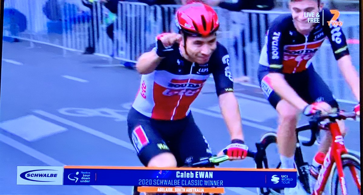 KeithConlon's tweet image. Caleb Ewan takes the Tour Down Under Schwalbe Classic. Again! 4 out of 5.  Go Caleb! 
#TDU #Adelaide  @CalebEwan @Lotto_Soudal 📸 @7SportAU #7TWO