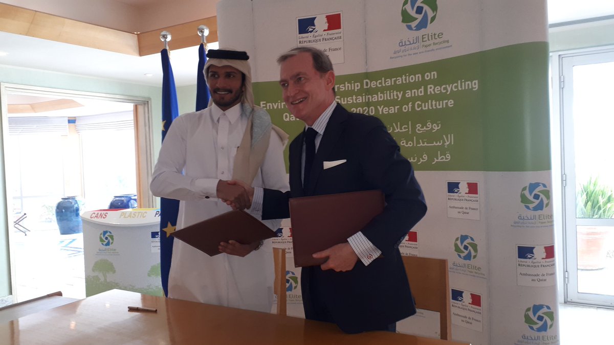 FranceauQatar's tweet photo. The Embassy of #France in #Qatar is glad to sign a partnership declaration with @eprqatar on public awareness on #environment and recycling! Proud to be alongside @eprqatar from the beginning in 2017 and contribute to address this important issue! #ClimateChange #QatarFrance2020 https://t.co/BijWgeefTn
