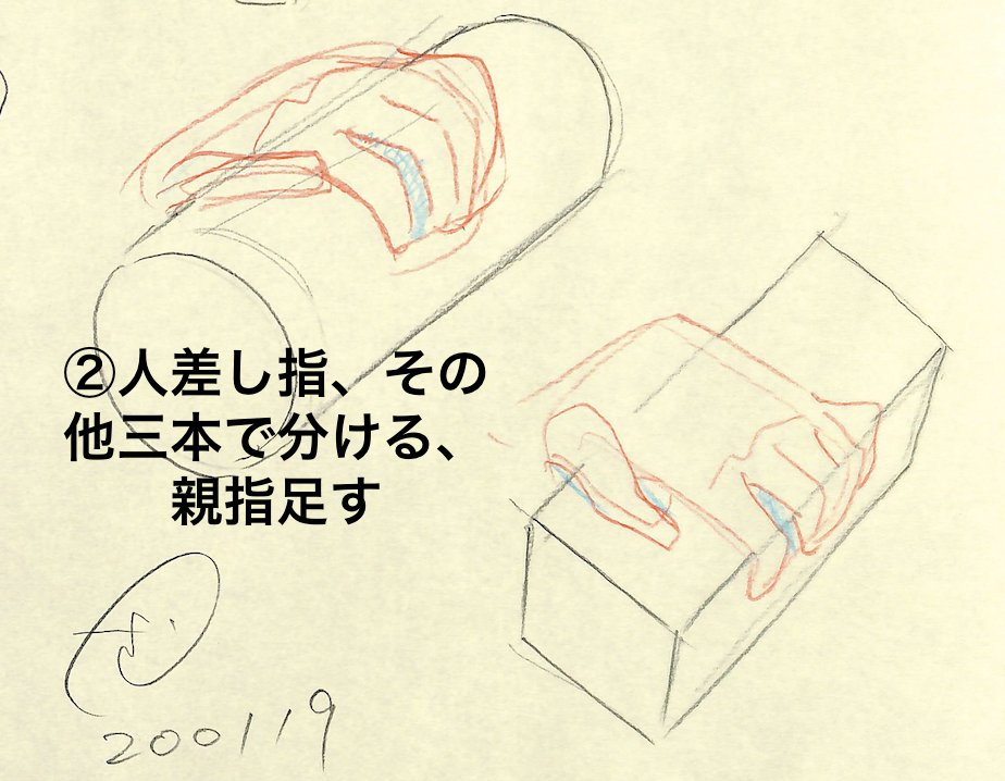 立体物を持つ手!!
①立体の上にシンプルな手の形をのせる
②人差し指、その他三本で分ける、親指足す
持っている物が曖昧。さらにそこに手を加えたらさらに意味不明…という人多い。
絵は思考の整理術です。
難しい形をなるべく単純化して着実に形をとる。 