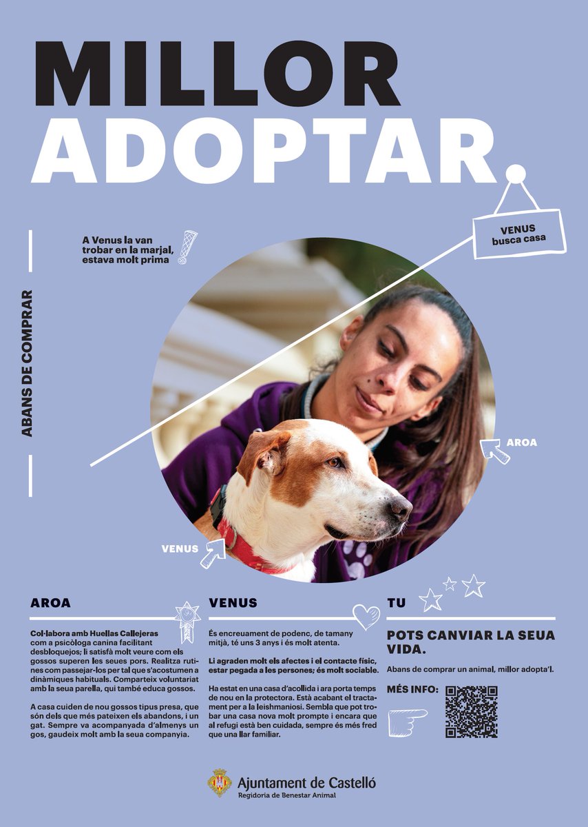 Mireu quina preciositat de gosseta ens presenta #Aroa, voluntària de <a href="/Huellas_Cs/">Huellas Callejeras</a> . #Venus busca una família i segur que ben prompte troba una llar on poder jugar i portar felicitat.

Perquè sempre és #MillorAdoptar!