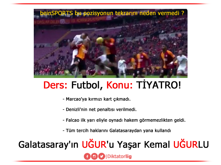 Diktatorlig's tweet photo. Galatasaray  &amp; Denizlispor karşılaşması  hakem olayında tam anmalıyla  bir REZALET yaşanmıştır. 
Ülke halkına daha ne kadar tiyatro izleteceksiniz ?

galatasarayın uğuru Yaşar Kemal UĞURLU https://t.co/ift1bl5DXn