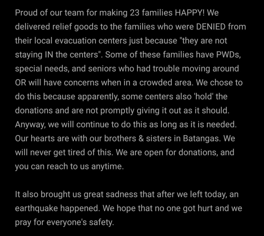 MaineAlden16's tweet photo. Today was successful because of you. Yes, YOU! You who trusted us with your generous donation. Big or small, it made a FAMILY happy! Thank YOU!
#AMNProjectUnity #BangonBatangas https://t.co/42jU4nBmD3