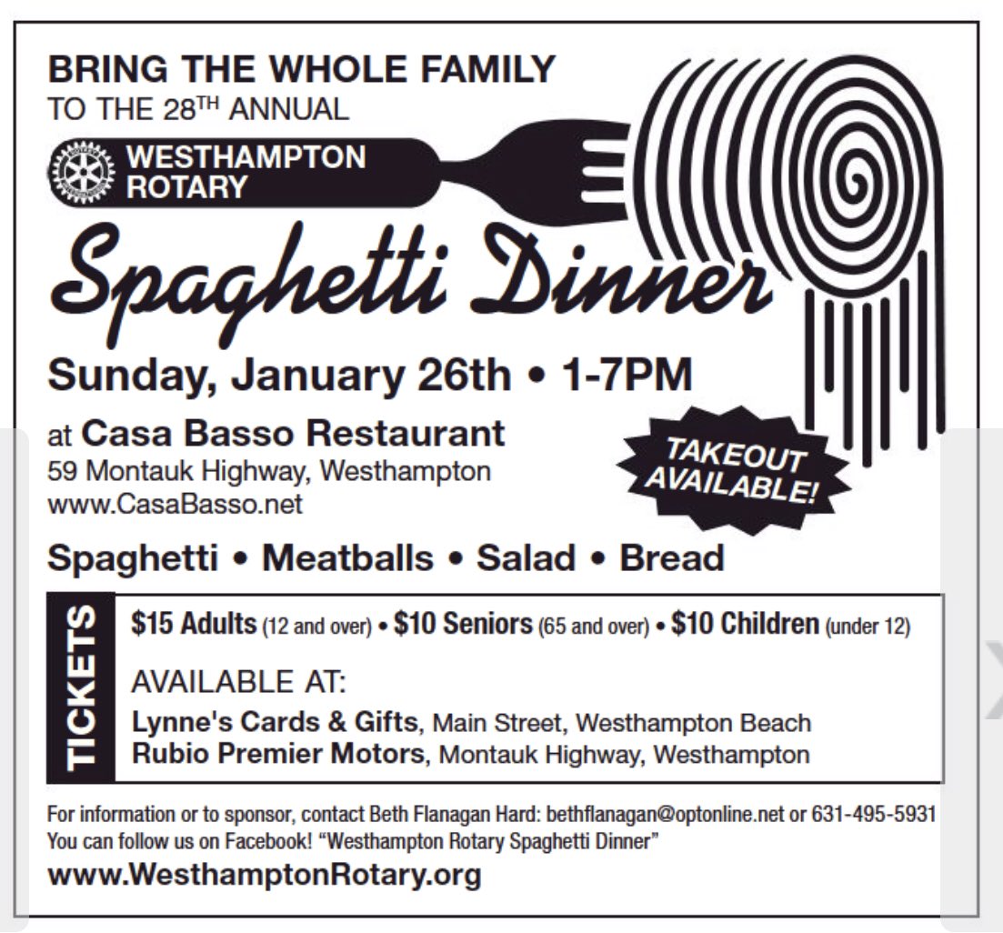 WHamptonRotary's tweet photo. Coming up on Sunday, get your tickets and come down for good food! #westhampton #rotary #community #spaghettiandmeatballs https://t.co/nHKb5Y4ITG