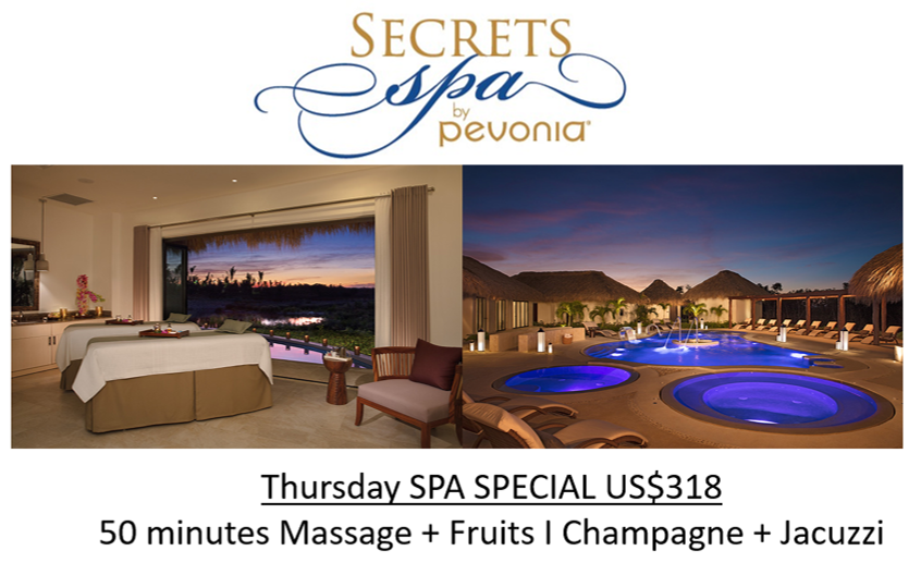 Aproveche nuestro descuento especial del jueves en el spa, consiéntase usted y su alma gemela en nuestro jacuzzi para dos. Reserve ahora en spa.seccc@secretsresorts.com