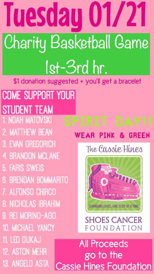 don’t forget to bring money and wear pink and green for the charity basketball game on tuesday!!💚💕