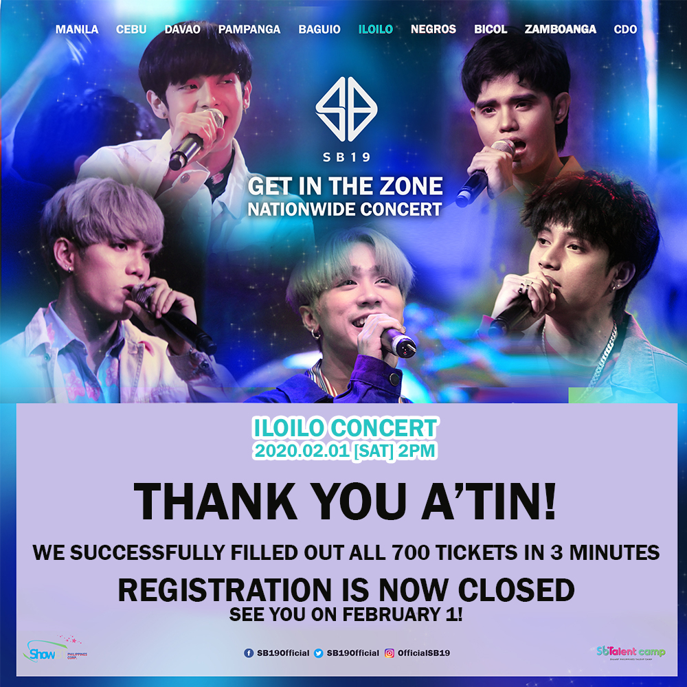 SB19Official's tweet photo. A'TIN, we successfully filled out all 700 tickets in just 3 minutes! Thank you very much for patiently waiting.

See you all on February 1! 💙

#SB19inIloilo #SB19 #SB19_JUSTIN #SB19_JOSH #SB19_SEJUN #SB19_KEN #SB19_STELL https://t.co/WYh8NGLEU4