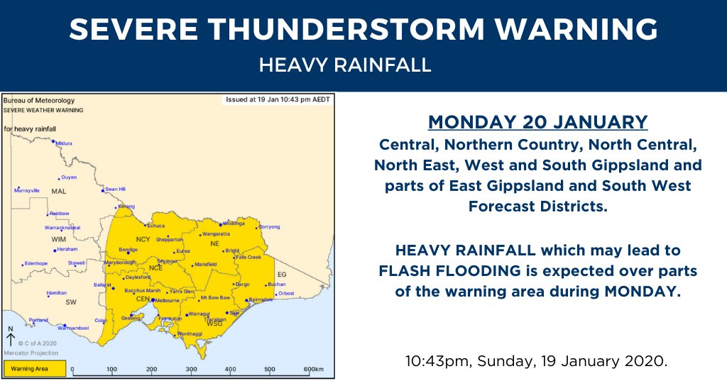 vicemergency's tweet image. SEVERE WEATHER WARNING MONDAY 20 JAN - for HEAVY RAINFALL
Central, Northern Country, North Central, North East, West and South Gippsland and parts of East Gippsland and South West Forecast Districts.
Check updates on weather warnings bom.gov.au/vic/warnings #VicStorms