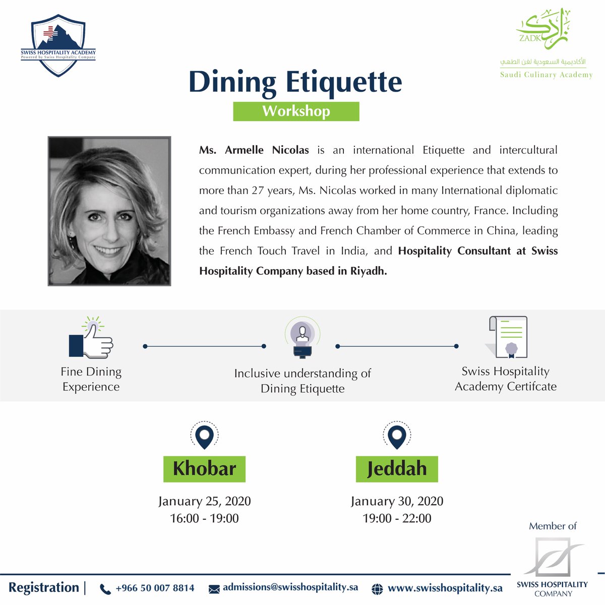 Learn all the #tips and #tricks about table manners in our #Dining_Etiquette program organised by Swiss Hospitality Academy in collaboration with <a href="/ZADK_Saudi/">أكاديمية زادك</a>.  

Register now: 
forms.gle/YBEF86byycNZ4K… 

For more information:
admissions@swisshospitality.sa 
+966 50 007 8814
