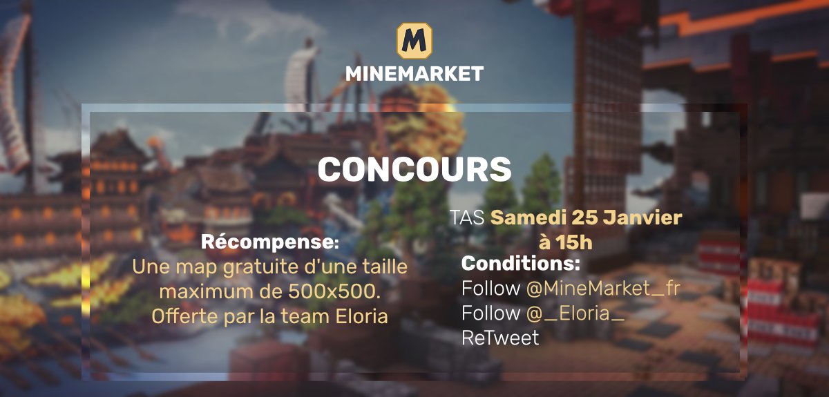 MineMarket_fr's tweet photo. 🎁 CONCOURS 🎁

🔸Une map gratuite d'une taille maximum de 500x500. Offerte par la team Eloria.

📝CONDITIONS :
→ Rt
→ Follow @MineMarket_fr 
→ Follow @_Eloria_ 

🍀 TAS : Samedi 25 janvier à 15h https://t.co/ky7wrL9ksp