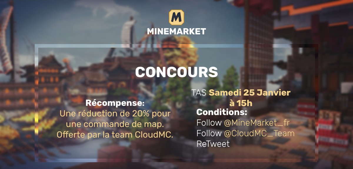 MineMarket_fr's tweet photo. 🎁 CONCOURS 🎁

🔸Une réduction de 20% pour une commande de map. Offerte par la team CloudMC.

📝CONDITIONS :
→ Rt
→ Follow @MineMarket_fr 
→ Follow @CloudMC_Team

🍀 TAS : Samedi 25 janvier à 15h https://t.co/cdVWNLbeNO