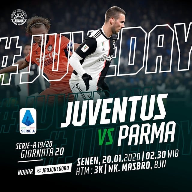 #Nobar
🏆 <a href="/seriea/">Lega Serie A</a> 19/20 Gio 20
⚽ <a href="/juventus/">JuventusMD</a> Vs Parma
📅 Senin, 20.01.2020
⏰ 02.30WIB | 💰 3k
🏠 @alik_warkop_masbro
📞 @dimasbock31