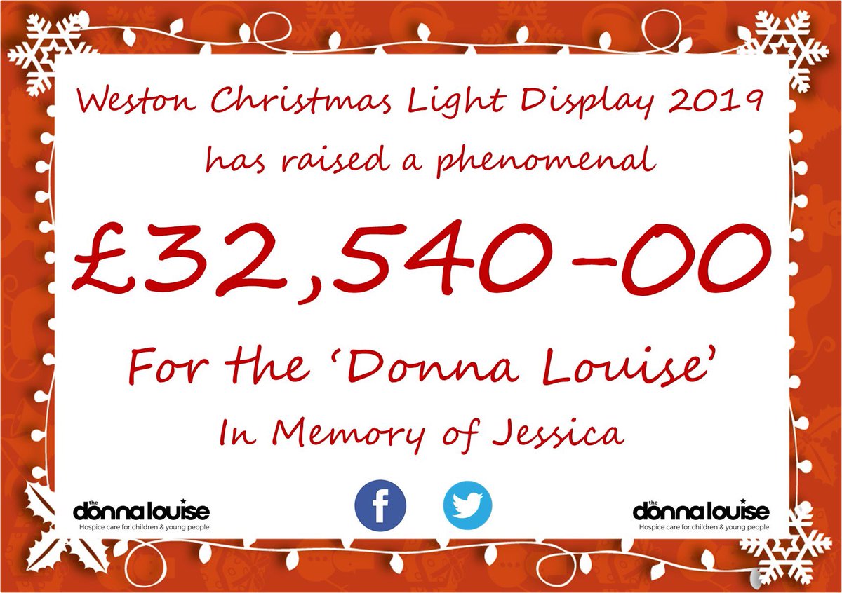 WestonLightDisp's tweet photo. ⭐ 2019 FUNDRAISING TOTAL ⭐ ️I’m delighted to announce our award-winning light display has raised a record-breaking £32,540.00 for the @DonnaLouiseUK. It means since 2013, our fundraiser has raised a phenomenal £124,850.00 for children and young people. #InMemoryOfJessica 💥 https://t.co/K7SM68lOWs