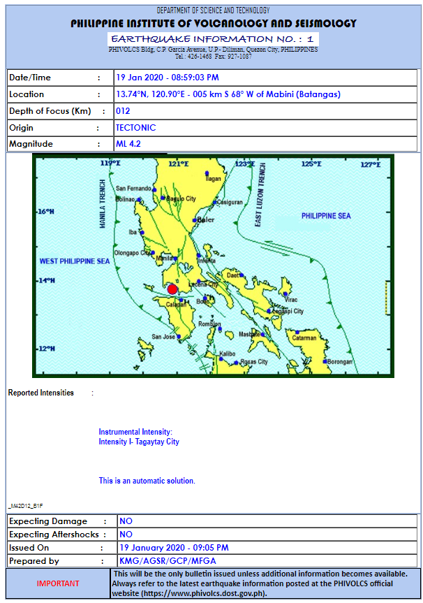 gmanews's tweet photo. JUST IN: Magnitude 4.2 na lindol, naitala sa Mabini, Batangas kaninang 8:59 p.m., ayon sa PHIVOLCS. https://t.co/NoLZ9YFRsf