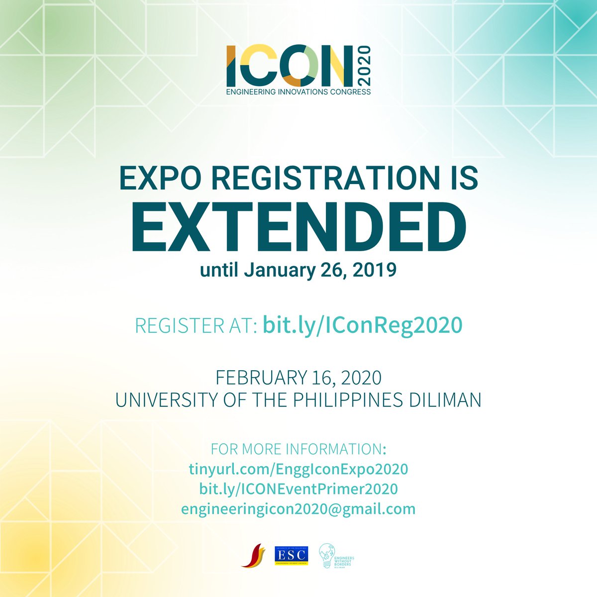 EXPO 2020 REGISTRATION IS EXTENDED UNTIL JANUARY 26, 2020!

Register now at bit.ly/IConReg2020 and get a chance to win Php 35, 000!

EXPO 2020 Kit: tinyurl.com/EnggIconExpo20….
Event Primer: bit.ly/ICONEventPrime….

#ICON2020
#SustainableEngineering