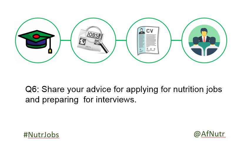 AfNutr's tweet photo. Q6: Share your advice in applying for nutrition jobs and preparing for interviews #NutrJobs https://t.co/ixfDo7O9Qb