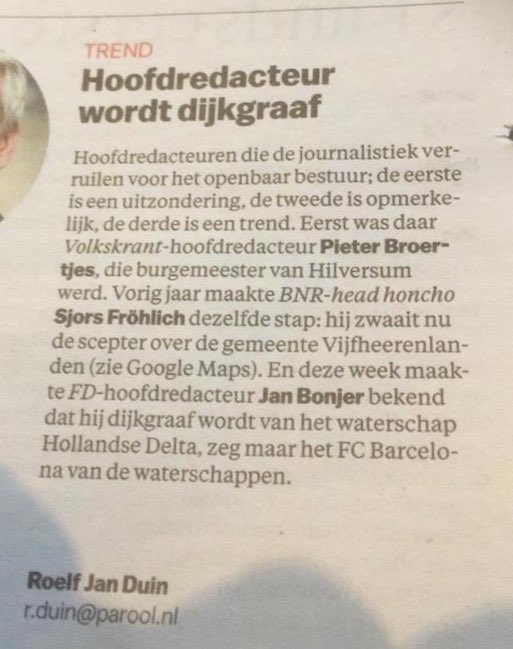 Gisteren stond in <a href="/parool/">Het Parool</a> dat <a href="/JanBonjer/">Jan Bonjer</a> dijkgraaf wordt van waterschap <a href="/hollandsedelta/">waterschap Hollandse Delta</a>. Volgens de krant ‘het FC Barcelona van de waterschappen’. Bij de Unie zijn alle waterschappen ons even lief hoor! 😉