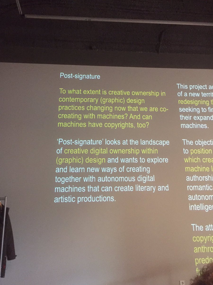 ennietsanders's tweet photo. Een wel intrigerende vraag van Roosje Klap tijdens afsluitend symposium cmnd p for 2079 van #AGALAB bij Allard Pierson. Kunnen machines ook auteursrecht hebben? https://t.co/n4TJOSTVWv