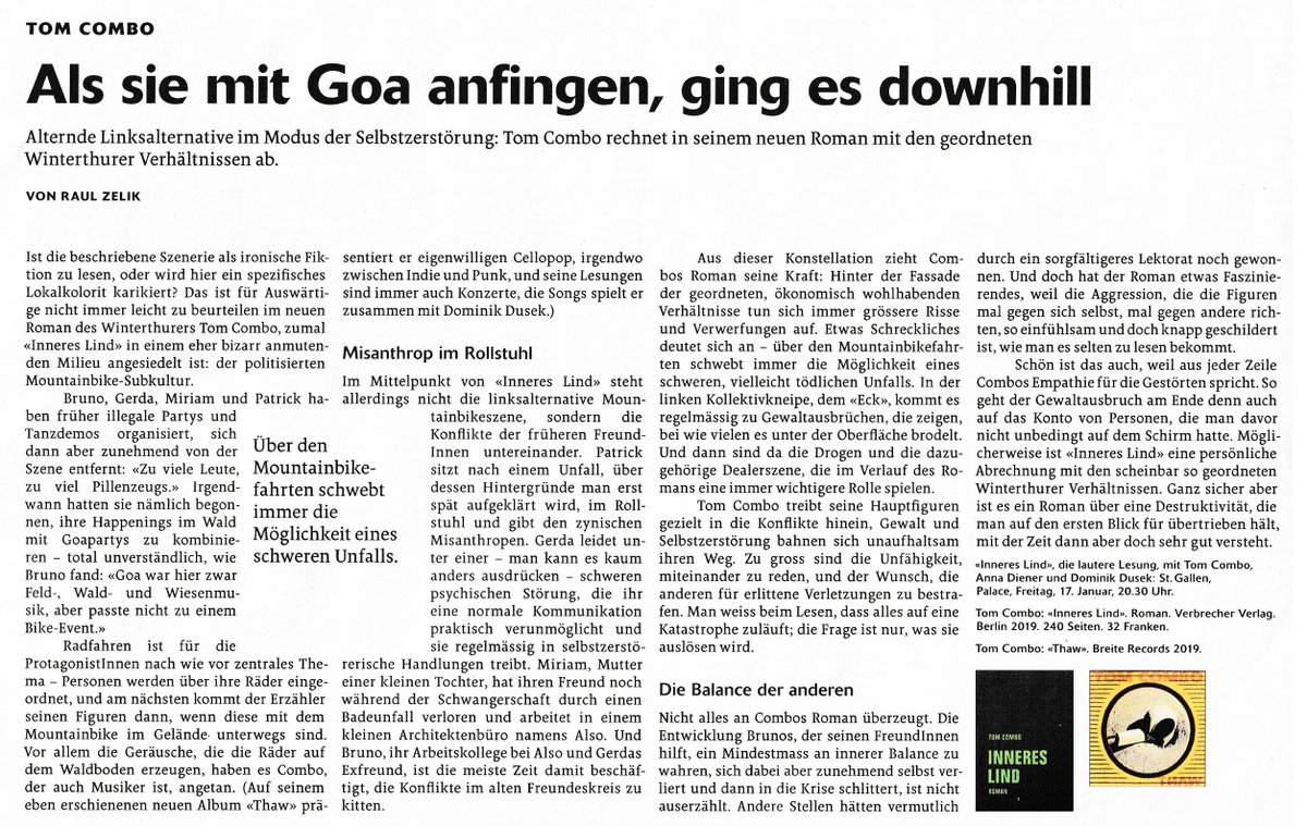 verbrecherei's tweet photo. "Als sie mit Goa anfingen, ging es downhill."
Großes Lob von Raul Zelik in der @Wochenzeitung für Tom Combos Roman "Inneres Lind".
Schön.
Text: https://t.co/nVhu4uvGYq
Mehr zum Buch: https://t.co/uxlLAP6Tnh
#TomCombo #InneresLind #RaulZelik #Woz https://t.co/9ek9QQkXeN