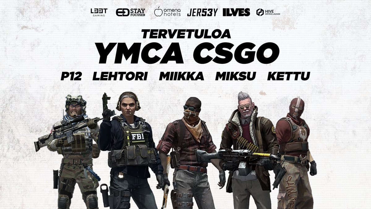 EsportsYmca's tweet photo. Yö meni juhliessa mutta nyt se on virallista: Tässä on YMCA:n CS-tiimi! ISOSTI tsemppiä peleille! Toivotetaan tervetulleeksi: @kettucsgo @miksuCSGO @lehtoriCSGO @kuroneee3 @p12csgo #ymcaesports #ymcatampere @Jersey53fi @omenahotels @leetgaming #esportsfi https://t.co/wqNU35rORv