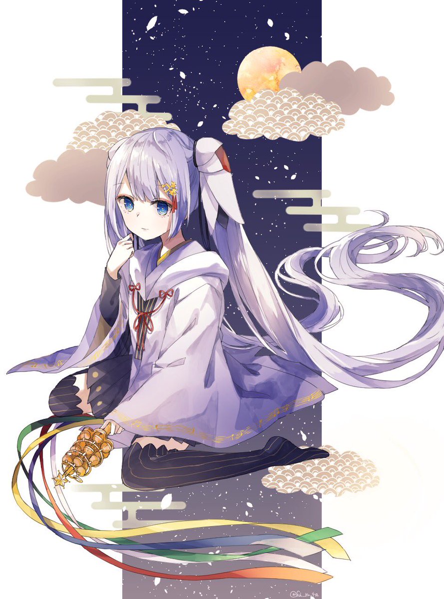 hatsune miku 1girl solo bell long hair thighhighs blue eyes moon  illustration images