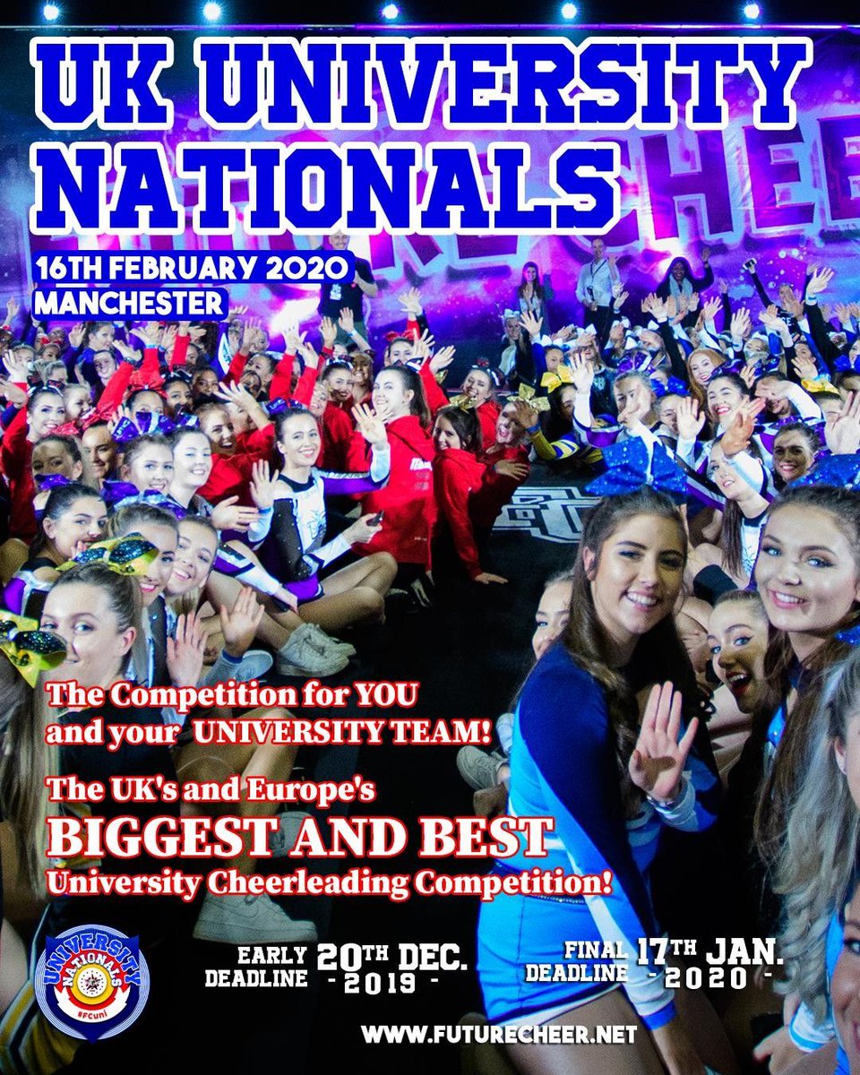 FutureCheer's tweet photo. ❗️🚨FINAL Deadline Alert 🚨❗️Make sure to get your registrations in by 17th Jan 2020 for FC's UK University Nationals Don't miss out: https://t.co/VPBX2rcDzf #ukcheer #ukunicheer #ukdance #ukunidance #universitydance #universitycheer #futurecheer #unifc https://t.co/oJiX5b665A