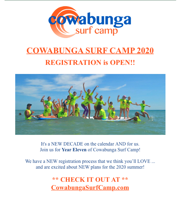 CowabungaSurf's tweet photo. In case you missed it:  Camp 2020 Registration is officially Open!  Check out all the info and our NEW registration process (which we think you?ll LOVE) at https://t.co/7c4hPRobqy or give us a call at 772-334-7873 (SURF)!! https://t.co/Lyzlpox02U https://t.co/MmugoZKDpf