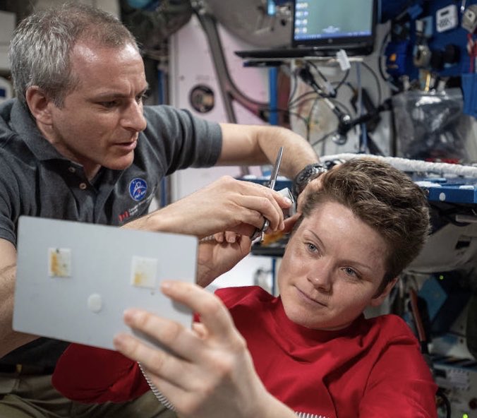 AstroAnnimal's tweet photo. All our space salon served up was “a little off the sides.” If we were lucky, those sides would be even. #notourforte  

Looking forward to tomorrow’s spacewalk - I’ll be watching on @NASA_TV starting at 5:30am EST. https://t.co/Hjon4PI3Le