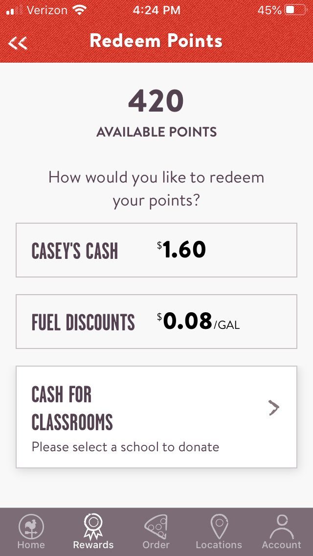 BigBadMilto's tweet photo. How do I get this $0.15 off per gallon for 250 points?? Since I have 420 point and can only get $0.08. @caseysgenstore https://t.co/fkXG1yy5Y5