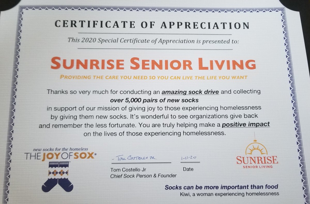 SunriseSrLiving's tweet photo. Several of our communities in New Jersey recently participated in the "Joy of Sox" sock drive. "The Joy of Sox" is an organization that collects socks for the homeless. Our communities donated over 5,000 pairs of socks! Way to #LiveWithGenerosity! https://t.co/66qV223tuS https://t.co/uRgSgYIrhU