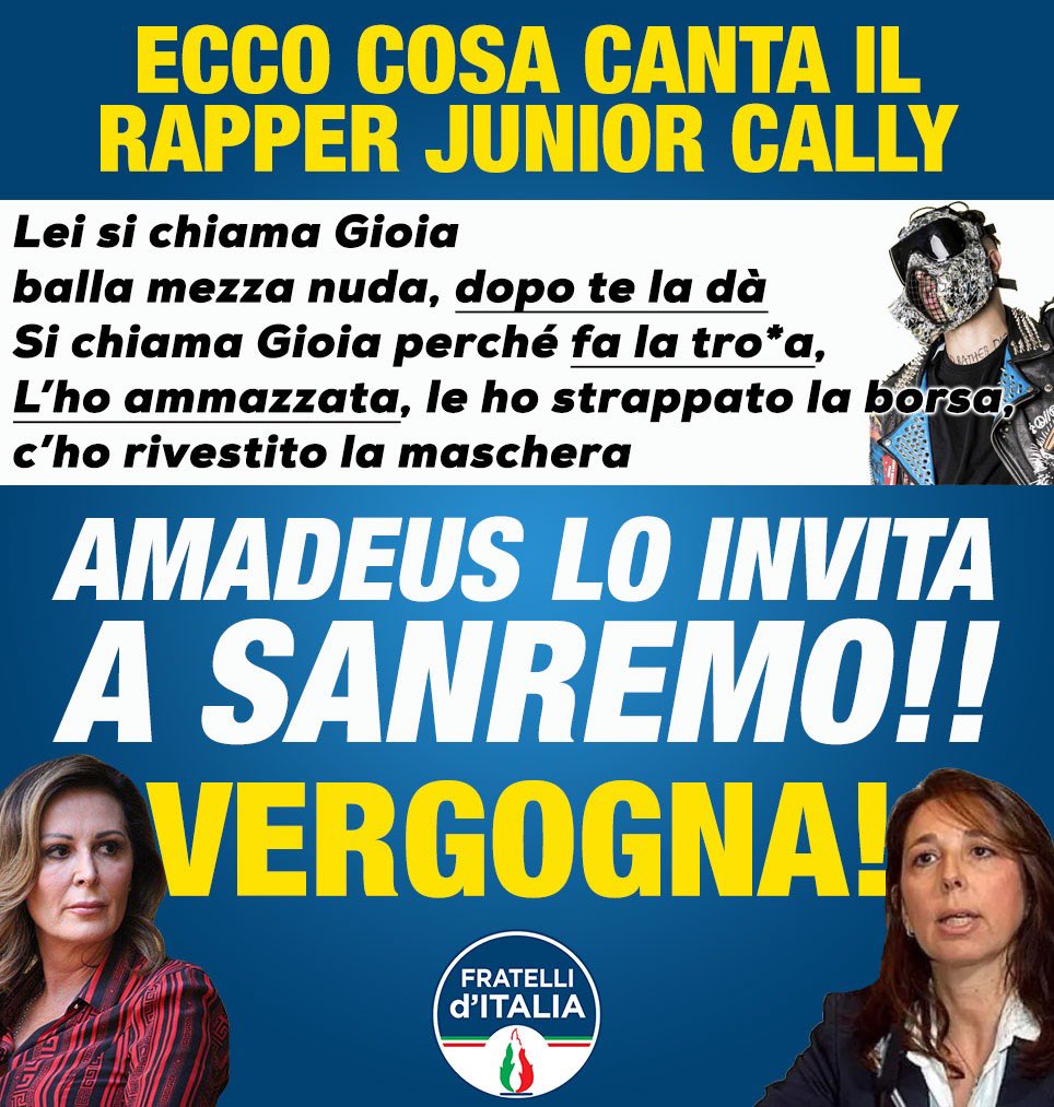 DSantanche's tweet photo. Leggete cosa dice il rapper #JuniorCally nelle sue canzoni... E #Amadeus lo invita a #Sanremo2020?! VERGOGNA!! https://t.co/AgoXZ8lZhn