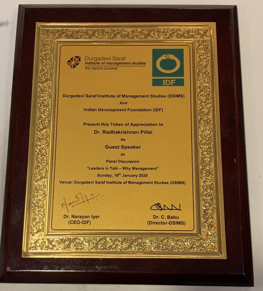 rchanakyapillai's tweet photo. Today was at 'Durgadevi Saraf Institute of Management Studies' as a guest speaker. Thank you IDF and DSIMS for this token of appreciation.
#IDF #DSIMS https://t.co/VC5wAtmSlb