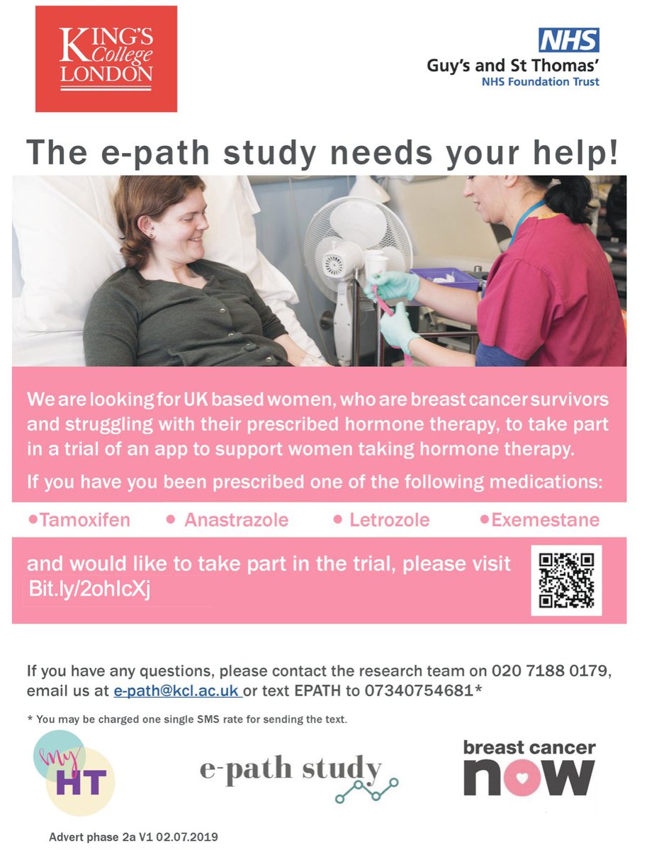 E-PATH Study (@epathstudy) on Twitter photo Are you struggling to take your breast cancer medication? We are running a trial app to help breast cancer survivors to take their medication.
For more info visit: bit.ly/2ohIcXj or email e-path@kcl.ac.uk
PLEASE RT
#breastcancer
#livingwithandbeyondcancer Are you struggling to take your breast cancer medication? We are running a trial app to help breast cancer survivors to take their medication.
For more info visit: bit.ly/2ohIcXj or email e-path@kcl.ac.uk
PLEASE RT
#breastcancer
#livingwithandbeyondcancer