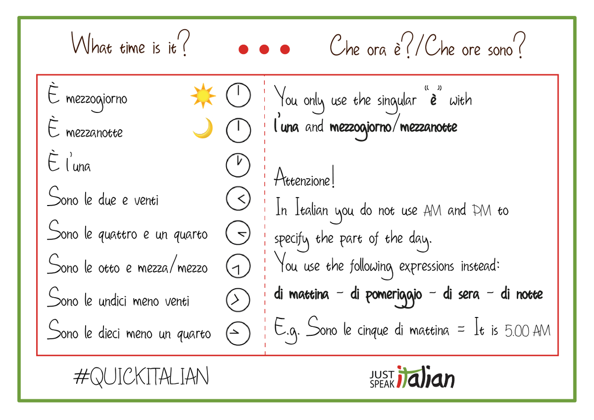 J_SpeakItalian's tweet photo. #QuickItalian 👩‍🏫 how to say the #time in #Italian? Look below and learn the correct expressions! 🕐🕞🕢- #easygrammar #grammartips #italiangrammar #grammarpills #learnitalian #italianschool #clock https://t.co/68iueoMpgH