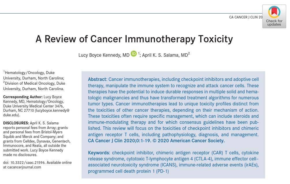 Esta nueva revisión publicada en <a href="/CAonline/">littlebodybigheart</a> se centra en las toxicidades de los inhibidores de los puntos de control y las células T del receptor de antígeno quimérico, incluida la fisiopatología, el diagnóstico y el tratamiento. Artículo completo: 🔎bit.ly/2TAHdyD