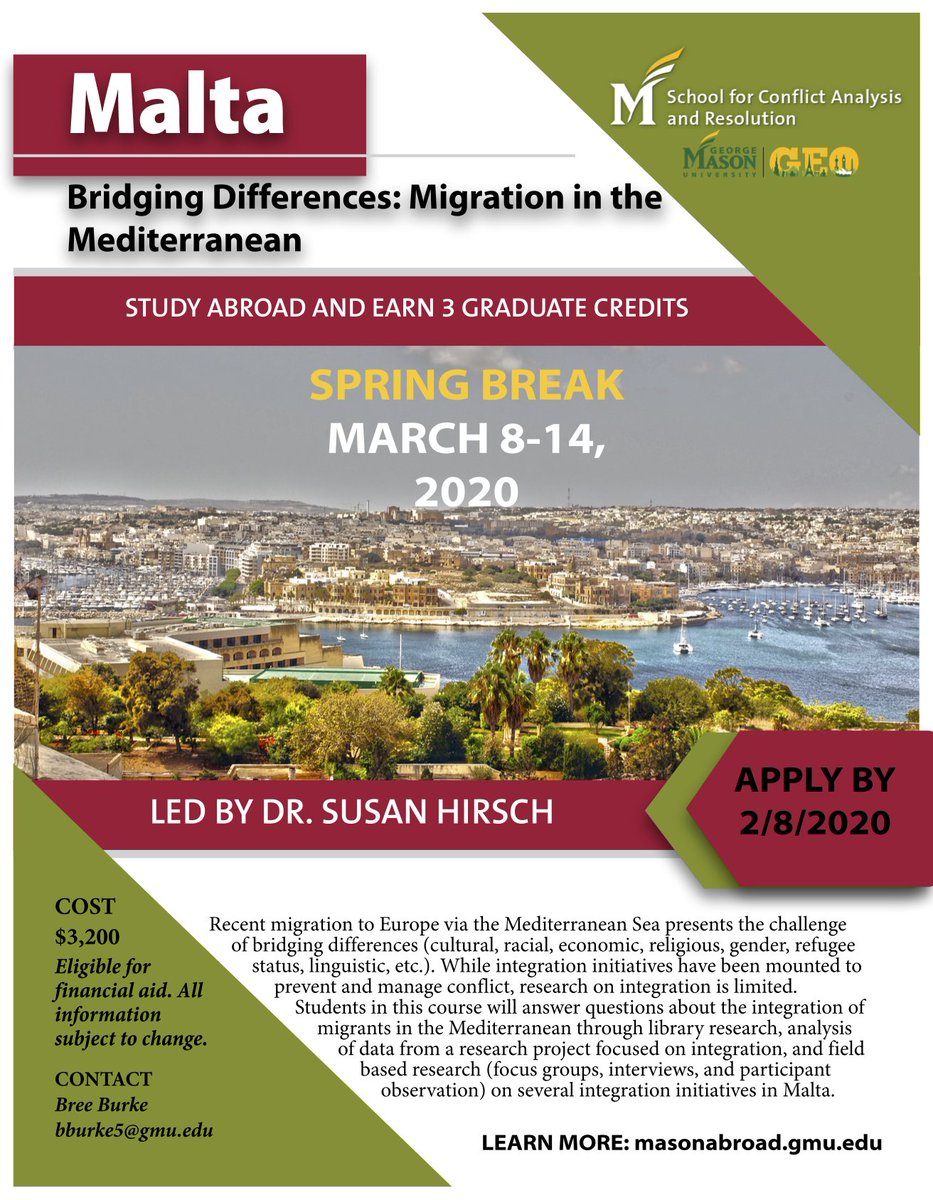GMUCarterSchool's tweet photo. Applications are still open for the 2020 spring break trip to Malta! Join Dr. Susan Hirsch and Lisa Shaw as you examine how organizations in Malta bridge differences among many groups, including migrants. 

Don’t wait—apply today and earn graduate credit! https://t.co/6M6JW75IoQ https://t.co/XTOcYfw0cI