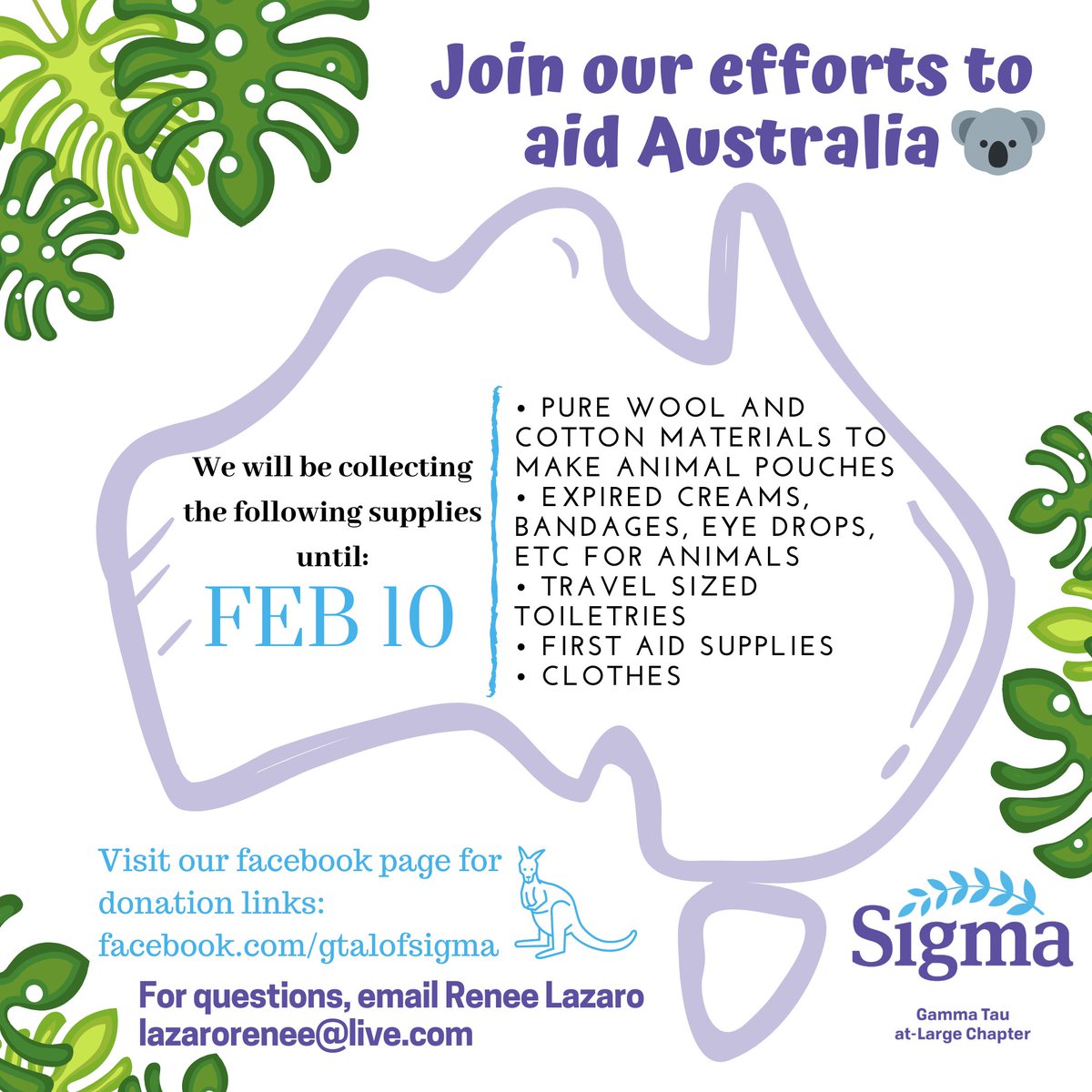 GTALofSigma's tweet photo. #SigmaSignoutSunday :: we reached out to the Australia chapters - we’re collecting until 2/10! Msg us if you’re interested in donating! #GTALofSigma #GTALStrong #GTALPride #SigmaNursing #GlobalNursing #Philanthropy #Outreach #AustraliaFires #DonateForACause @SigmaNursing https://t.co/1LPCuSbyKE