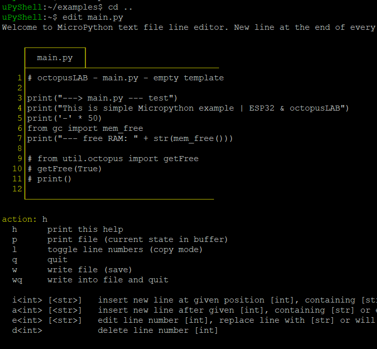 LabOctopus's tweet image. #Micropython text file line editor for #ESP32
running with #uPyShell