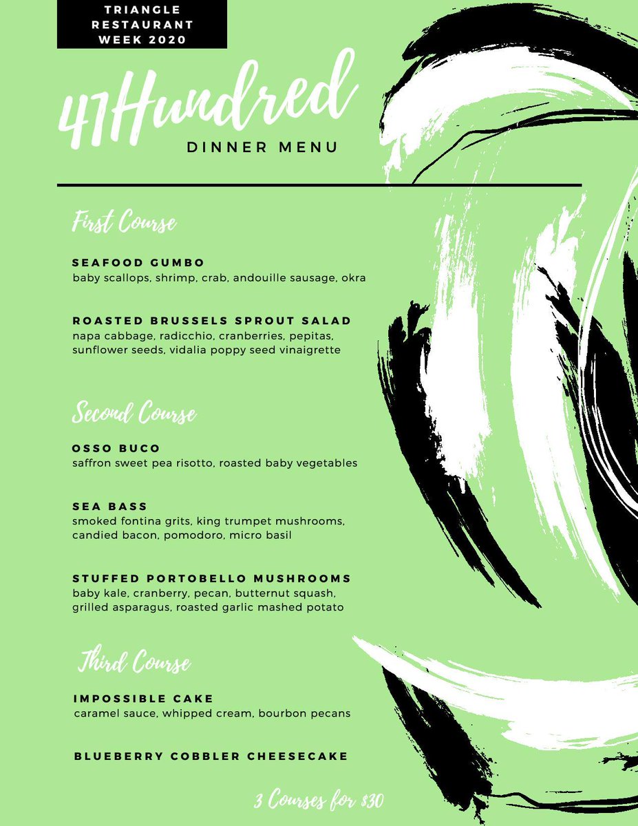 RenRaleigh's tweet photo. Monday kicks off the beginning of @TriRestWeek, and we are already drooling over the menu at @41HundredLounge! Chef Kevin has created an amazing three course prix fixe menu that will be featured all week long. 

#RenHotels #raleigh #visitnorthhills #trianglerestaurantweek #TRW https://t.co/SehMV1pp7d