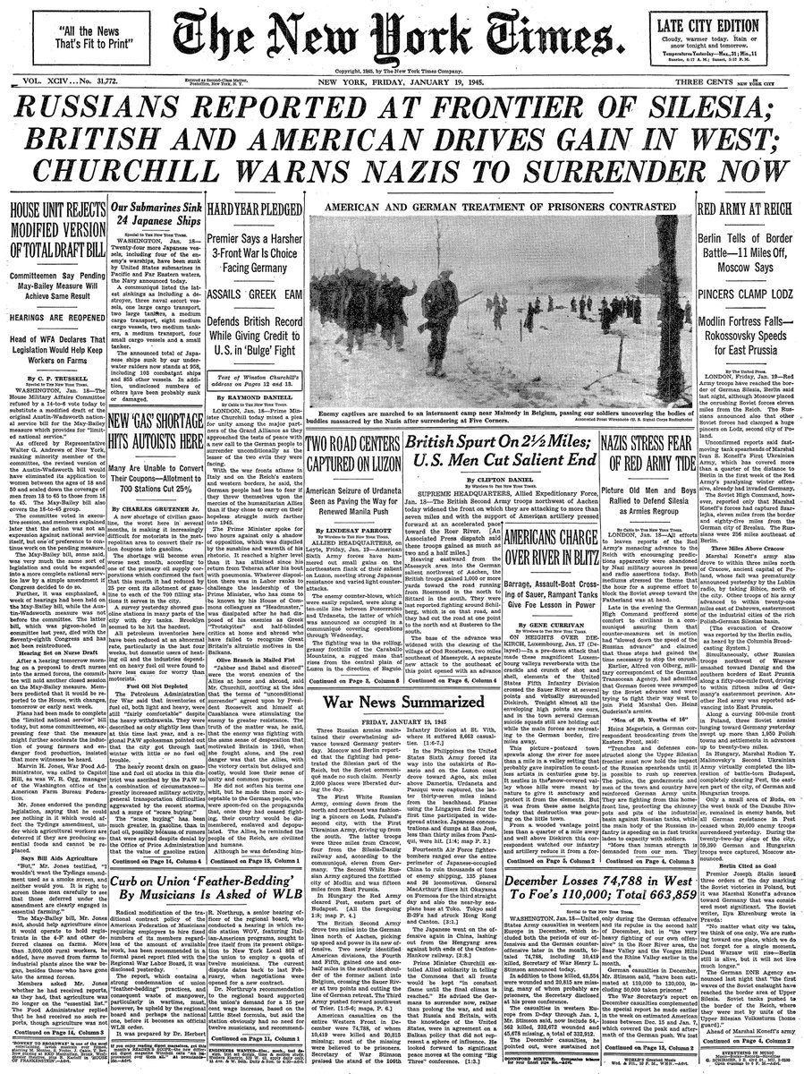 Jan. 19, 1945: Russians Reported at Frontier of Silesia; British and American Drives Gain in West; Churchill Warns Nazis to Surrender Now  https://nyti.ms/35J4z7A 