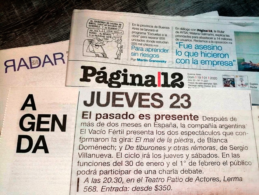 palomanoticias's tweet photo. Gracias #AgendaRADAR
@pagina12 #ElPasadoEsPresente El Vacío Fértil presenta: "El mal de la piedra, de Blanca" Doménech; y "De tiburones y otras rémoras", de Sergio Villanueva. Los jueves y Sáb. 20.30 hs, Teatro Patio de Actores, Lerma 568. @GarBoPrensa @ivansteinhardt @romipinto https://t.co/q7YTpUNI94