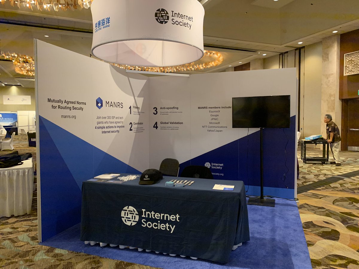 RoutingMANRS's tweet photo. The #MANRS booth at #PTC20 is open for business! Come chat with the team about how your #telco can improve #routing #security for the whole #internet. https://t.co/Z5uAssK21F