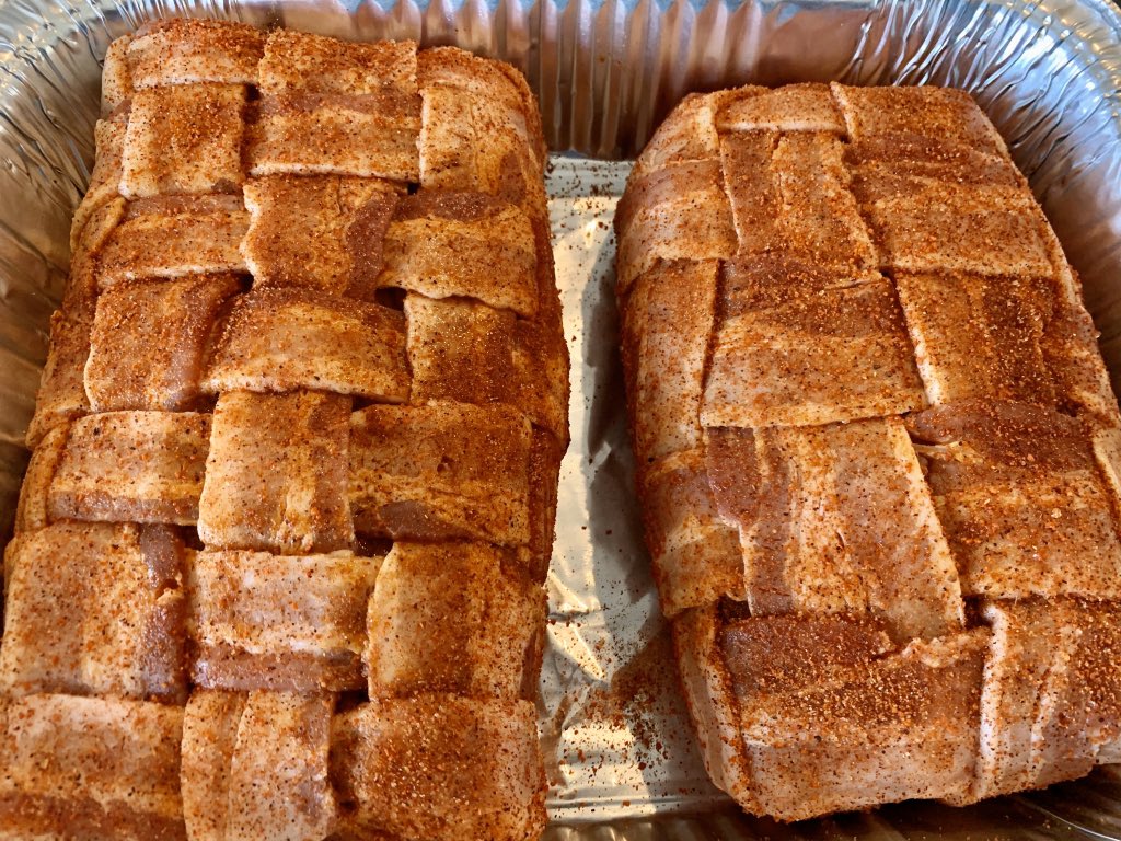 BOSSDAWG75's tweet photo. Bacon Weave Pork Loins almost ready for the smoker!!! https://t.co/0godSX3y6M