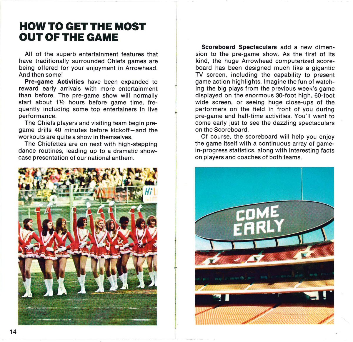 KCLibrary's tweet photo. For all @Chiefs &amp; @Titans fans headed to Arrowhead: here is part of a 1972 guide to stadium from our Missouri Valley Special Collections. We think you'll find it helpful since there are no longer Arrowette Hostesses to show you around. #kcHistory #ChiefsKingdom #ArrowheadStadium https://t.co/O0YDlbSOfb