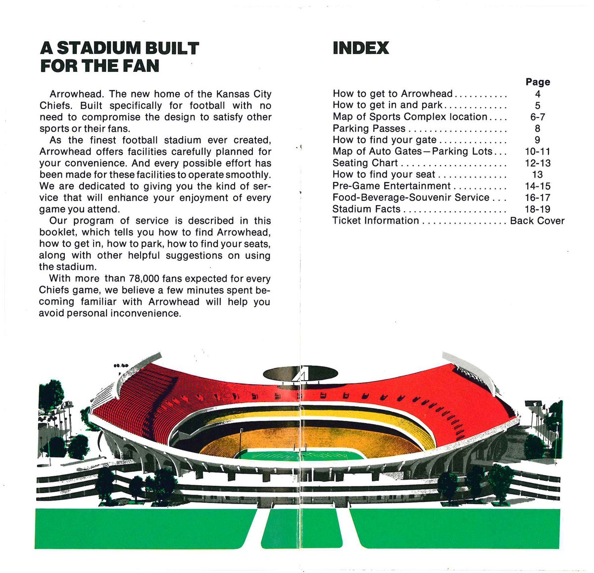 KCLibrary's tweet photo. For all @Chiefs &amp; @Titans fans headed to Arrowhead: here is part of a 1972 guide to stadium from our Missouri Valley Special Collections. We think you'll find it helpful since there are no longer Arrowette Hostesses to show you around. #kcHistory #ChiefsKingdom #ArrowheadStadium https://t.co/O0YDlbSOfb