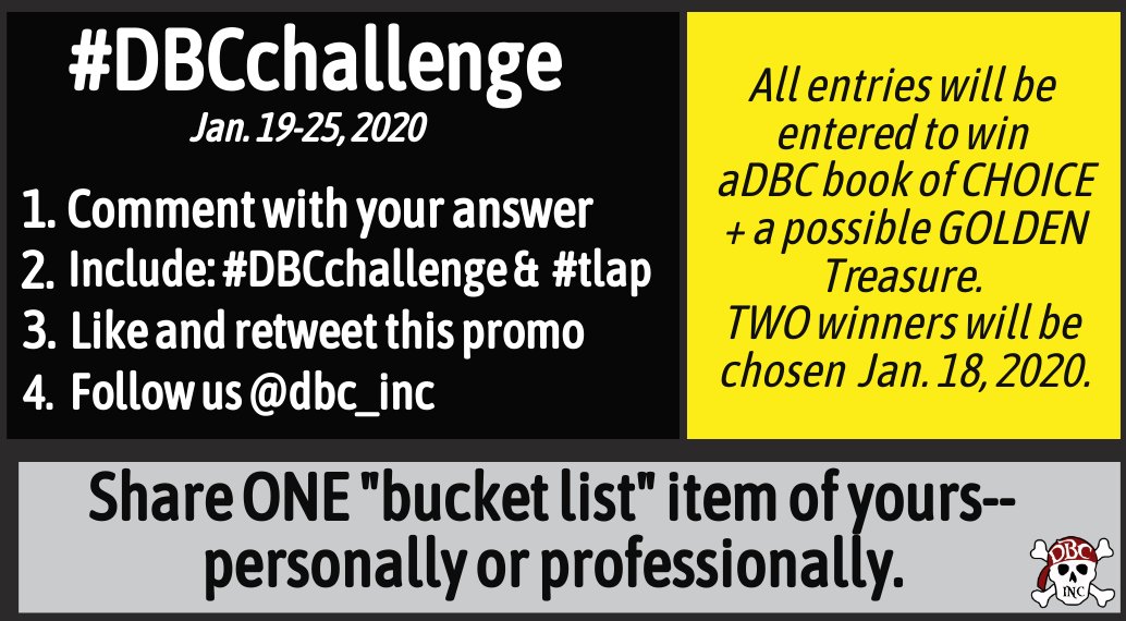 dbc_inc's tweet photo. Want a FREE @dbc_inc book of CHOICE?
Dream BIG #DBCchallenge Jan 19-24
All entries will be entered to win 1 book
+ a possible GOLDEN Treasure🏆
Winners=1/26/20
➡️Comment with a "bucket list" item
➡️Add #dbcchallenge + #tlap 
➡️Like &amp; RT
➡️Follow us.

#dbcincbooks #tlap https://t.co/q53LAOfeHP