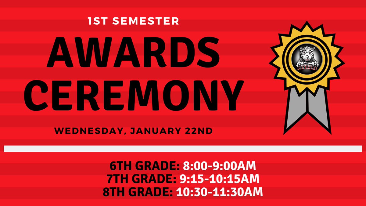 NJMiddleJaguars's tweet photo. First Semester Awards Ceremony will be held @NJMiddleJaguars on Wednesday, January 22nd in the gym! See times below! Join us as we celebrate our students! #JaguarStrong #FlameForLearning https://t.co/cFuViJ1XaC