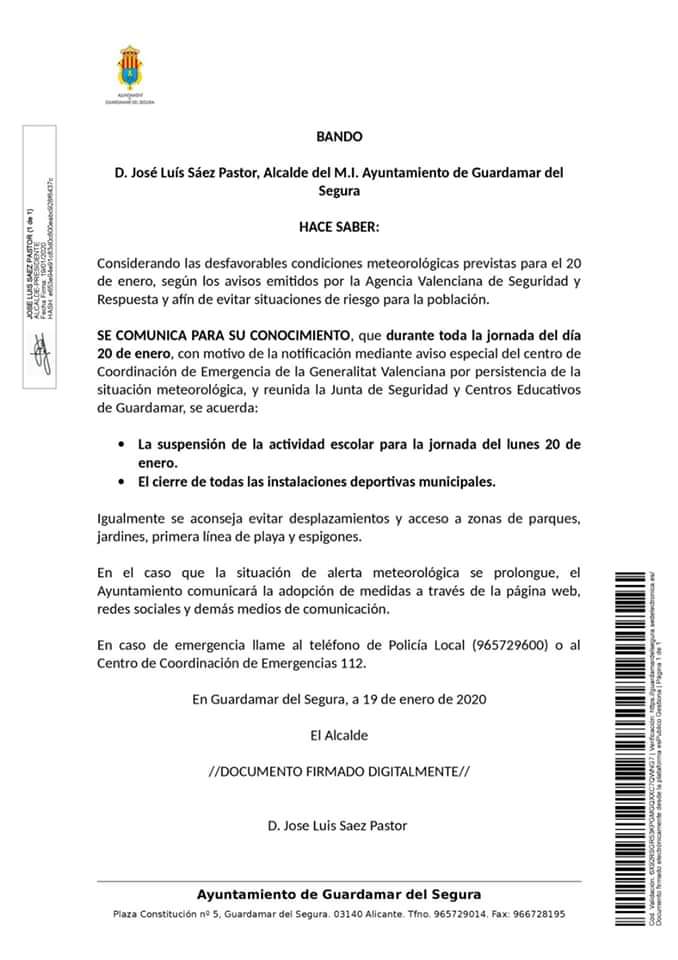 TVVegaBaja's tweet photo. #ÚltimaHora #Temporal
El @Guardamar_Ayto suspende las clases para mañana lunes https://t.co/oPUTL5JDjB