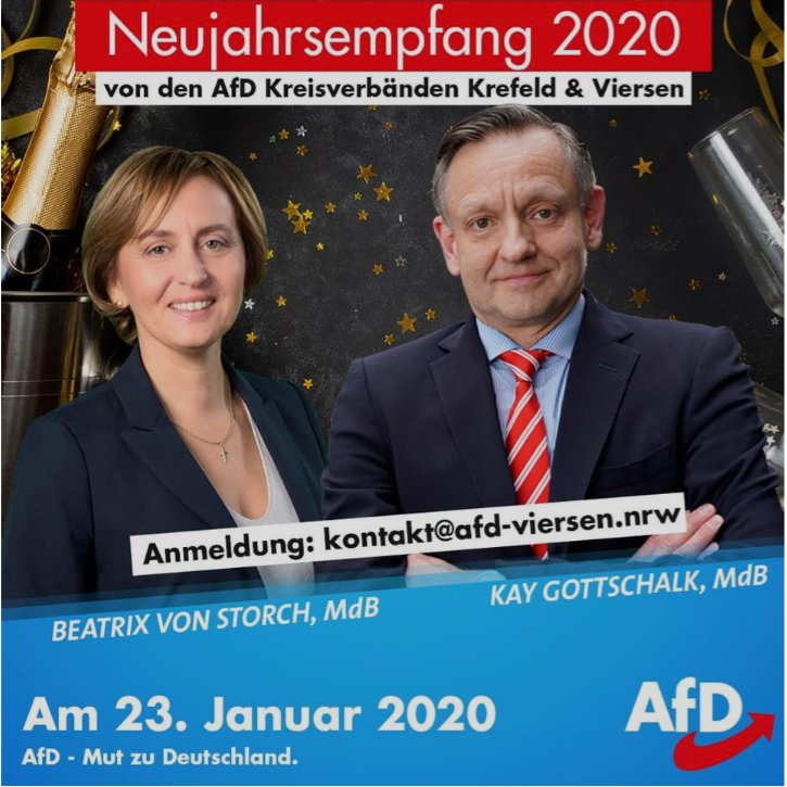 ViersenStSiQuer's tweet photo. Allerta! Am Donnerstag findet in #Viersen ein Neujahrsempfang der #noAfD u.a. mit Beatrix von Storch statt. Der Ort ist noch nicht bekannt. Unter dem Hashtag #vie2301 wird es bald weitere Infos Geben. https://t.co/bSYPv23DMd