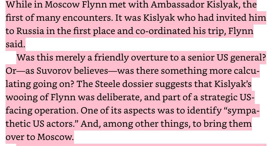 Halper "work" ends up in the Steele dossier. "The Steele dossier suggests that Kislyak's wooing of Flynn [in 2013] was deliberate, and part of a strategic US-facing operation ... to identify "sympathetic US actors"... and bring them over to Moscow" /68