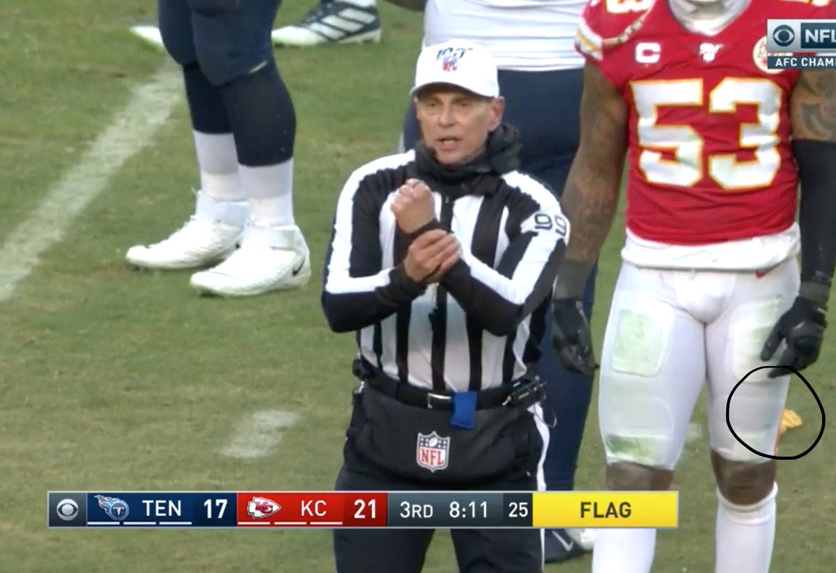 geoffschwartz's tweet photo. @barstoolsports Lol except that’s not at all what happened. The flag is right there. It was thrown by the white hat. The first one was thrown for illegal formation as picked up https://t.co/85PKHKNZ6n